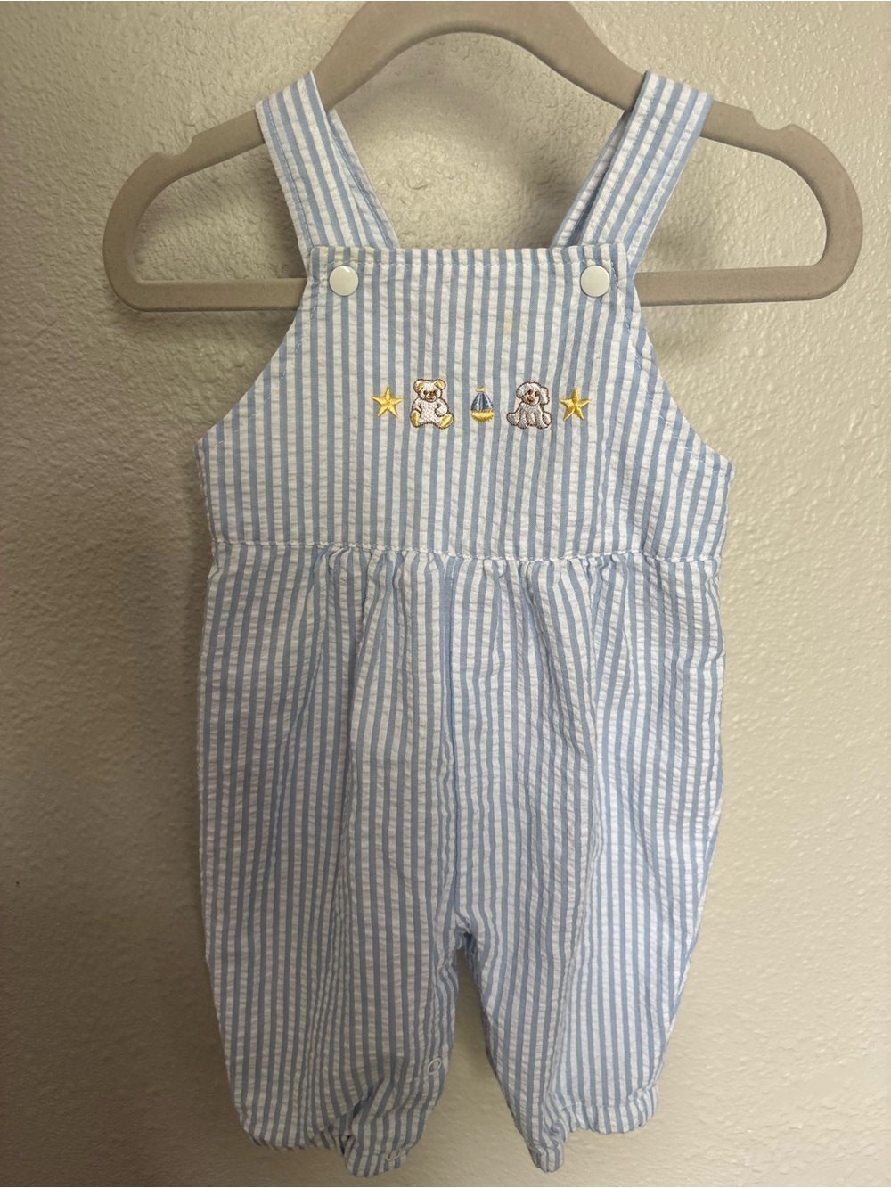 Vintage Baby Beginnings Striped Blue Seersucker Overalls w/ Animal Embroidery